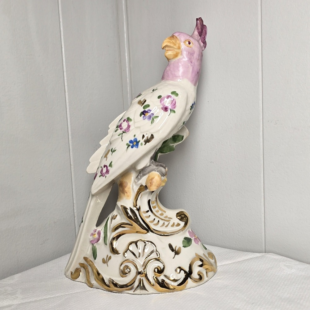 Vintage Porcelain Cockatoo Figurine Hand Painted Floral Gilt Scroll Base Bird